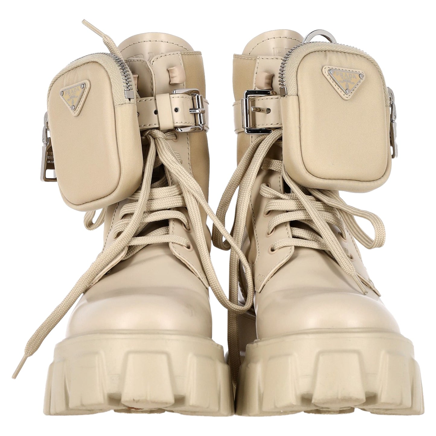 Prada Monolith Pouch-Detail Boots in Beige Leather