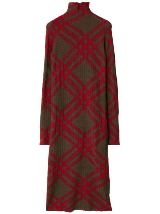 Burberry Check Turtleneck Wool Blend Midi Dress Brown Red