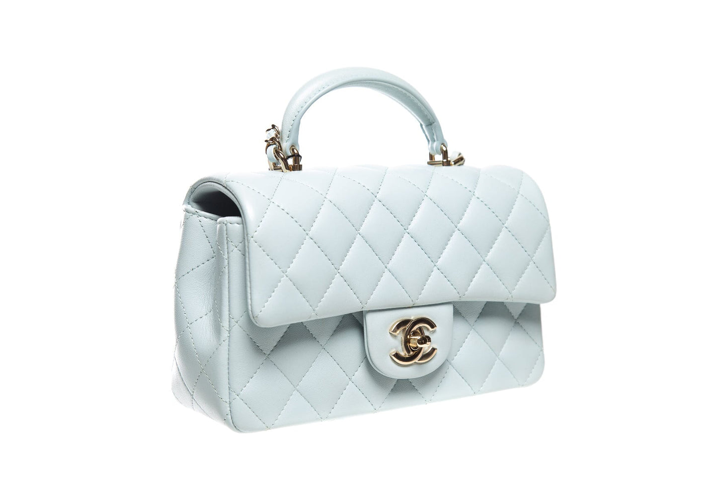 Chanel Blue Lambskin Quilted Top Handle Rectangular Flap Handbag