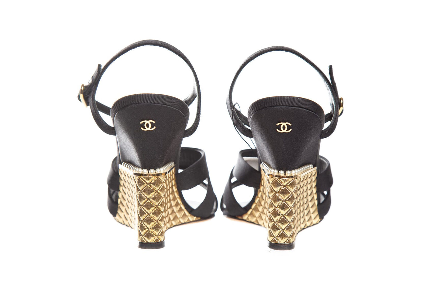 Chanel Black Satin and Gold Quilted Wedge SZ 37.5