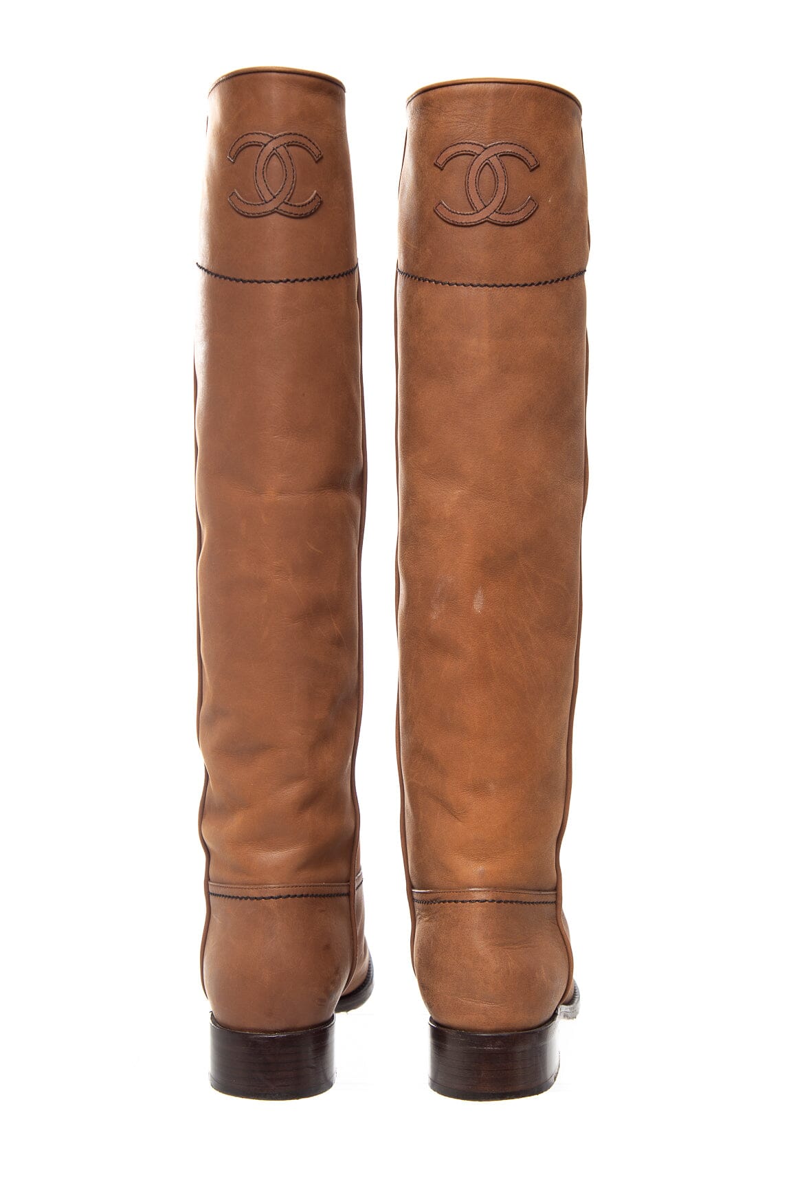 Chanel Brown Leather Knee High Riding Boots SZ 38.5