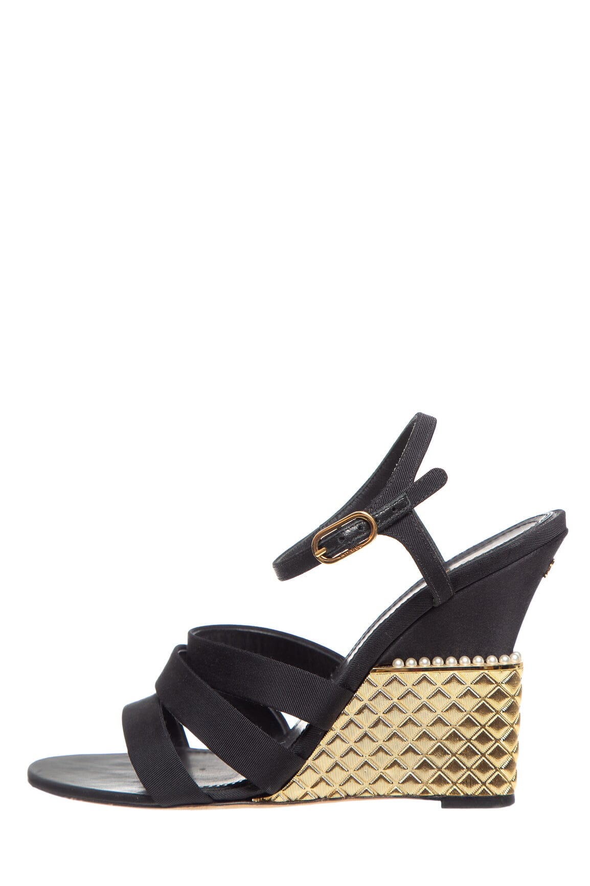 Chanel Black Satin and Gold Quilted Wedge SZ 37.5