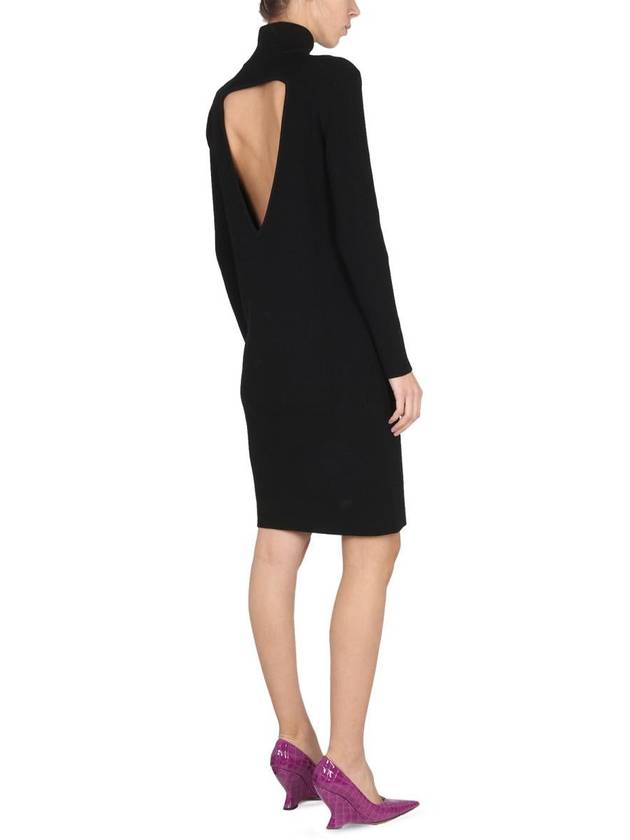 Bottega Veneta Cut Out Detail High Neck Wool Midi Dress Black