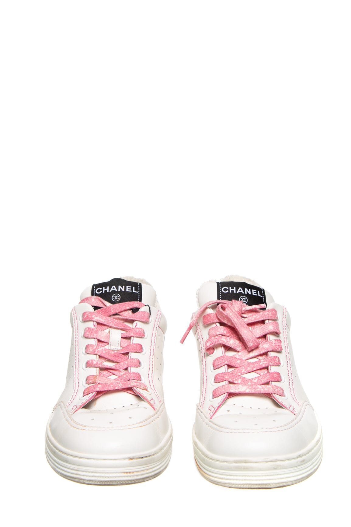 Chanel White and Pink Perforated "CHA-NEL" Sneakers SZ 40