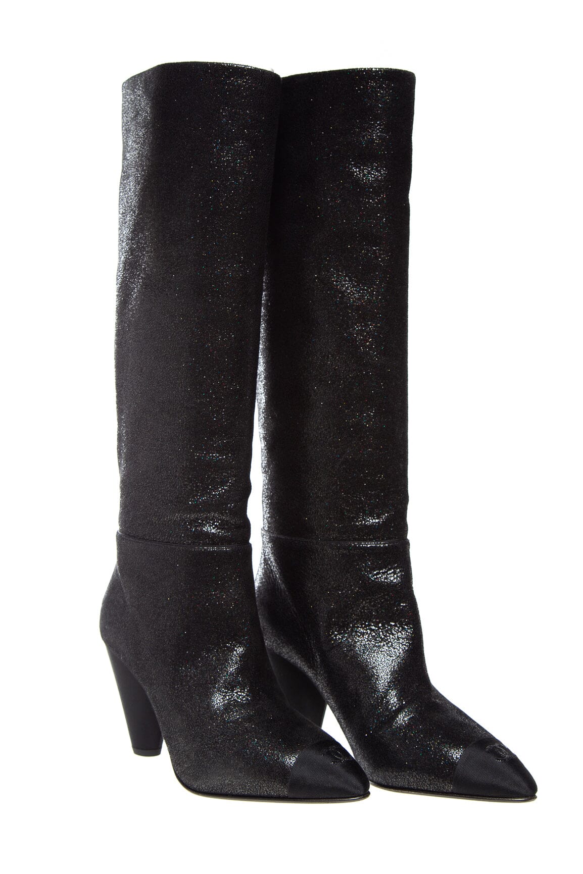 Chanel Black Glitter Knee High Heel Boots SZ 37