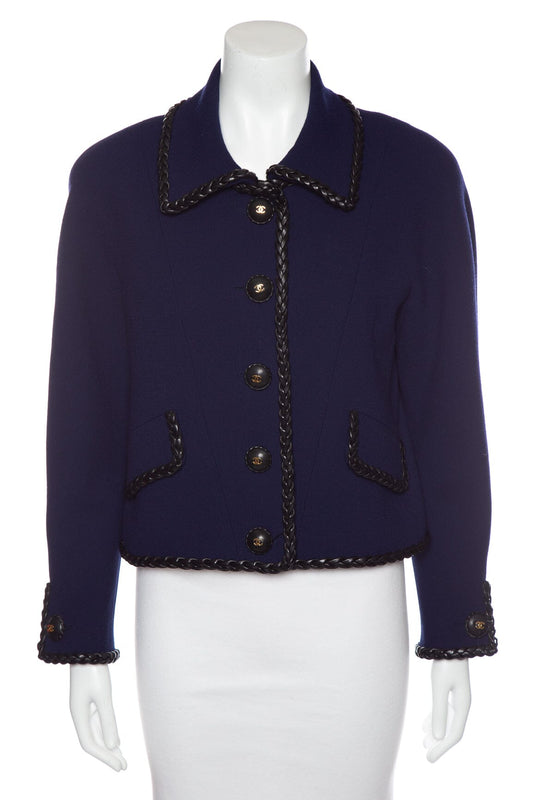 Chanel Vintage Navy & Black Leather Trim Jacket SZ N/A