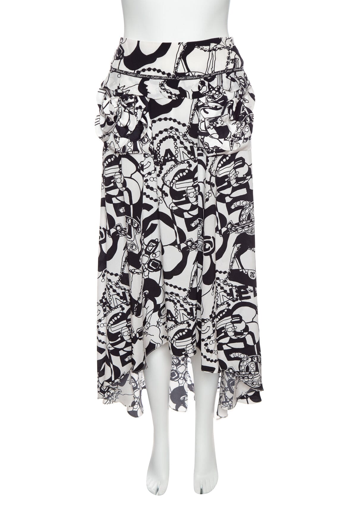 Chanel Black and White Graphic Print Silk Midi Skirt SZ 34