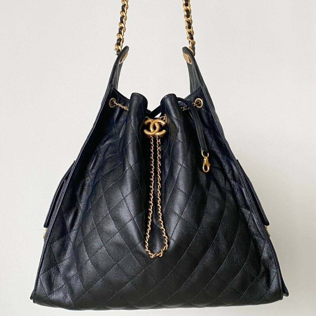 CHANEL 25C Hobo Bag 42cm Black Grained Calfskin