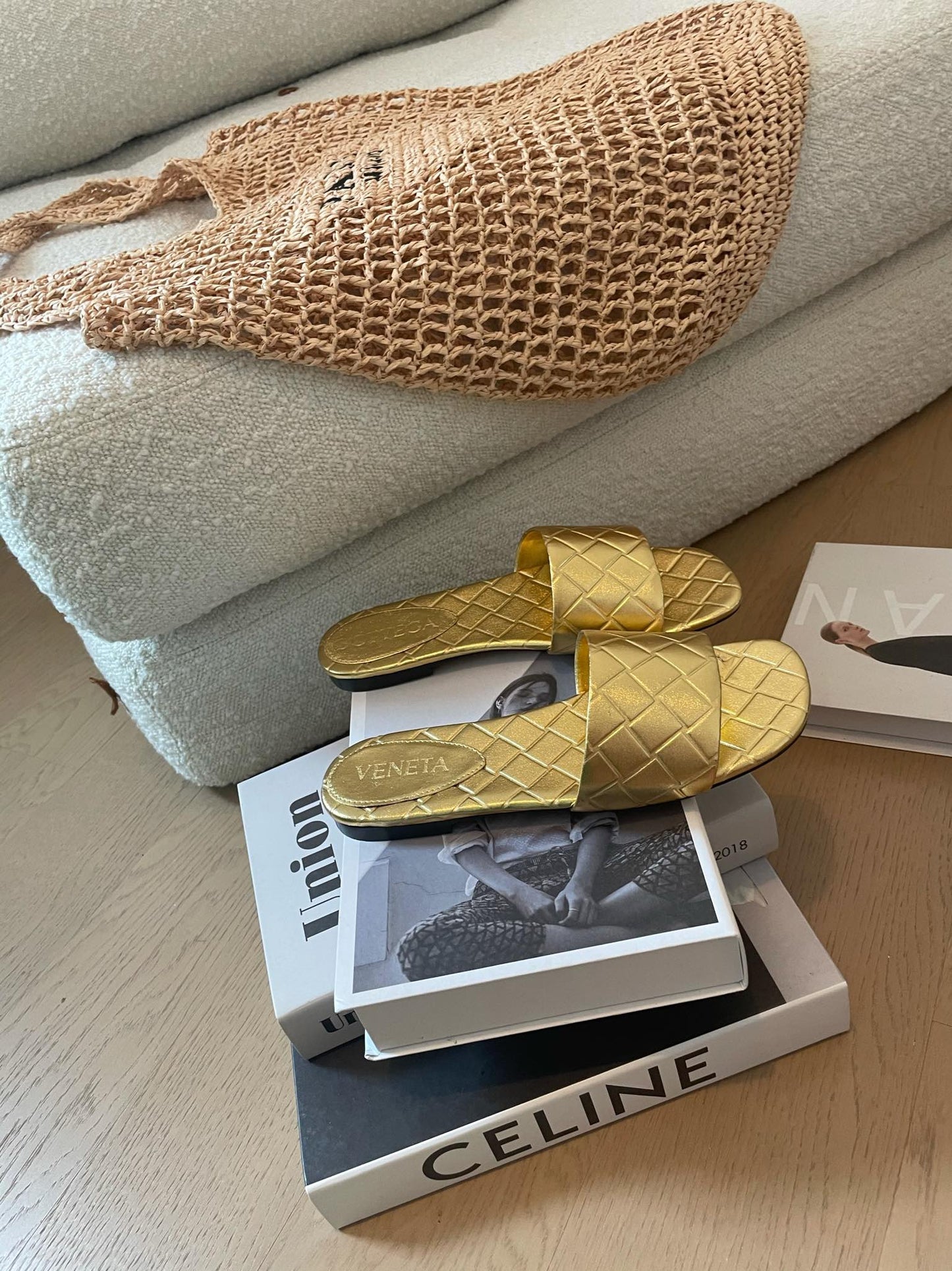 Bottega Veneta amy flat mule gold metalic lambskin