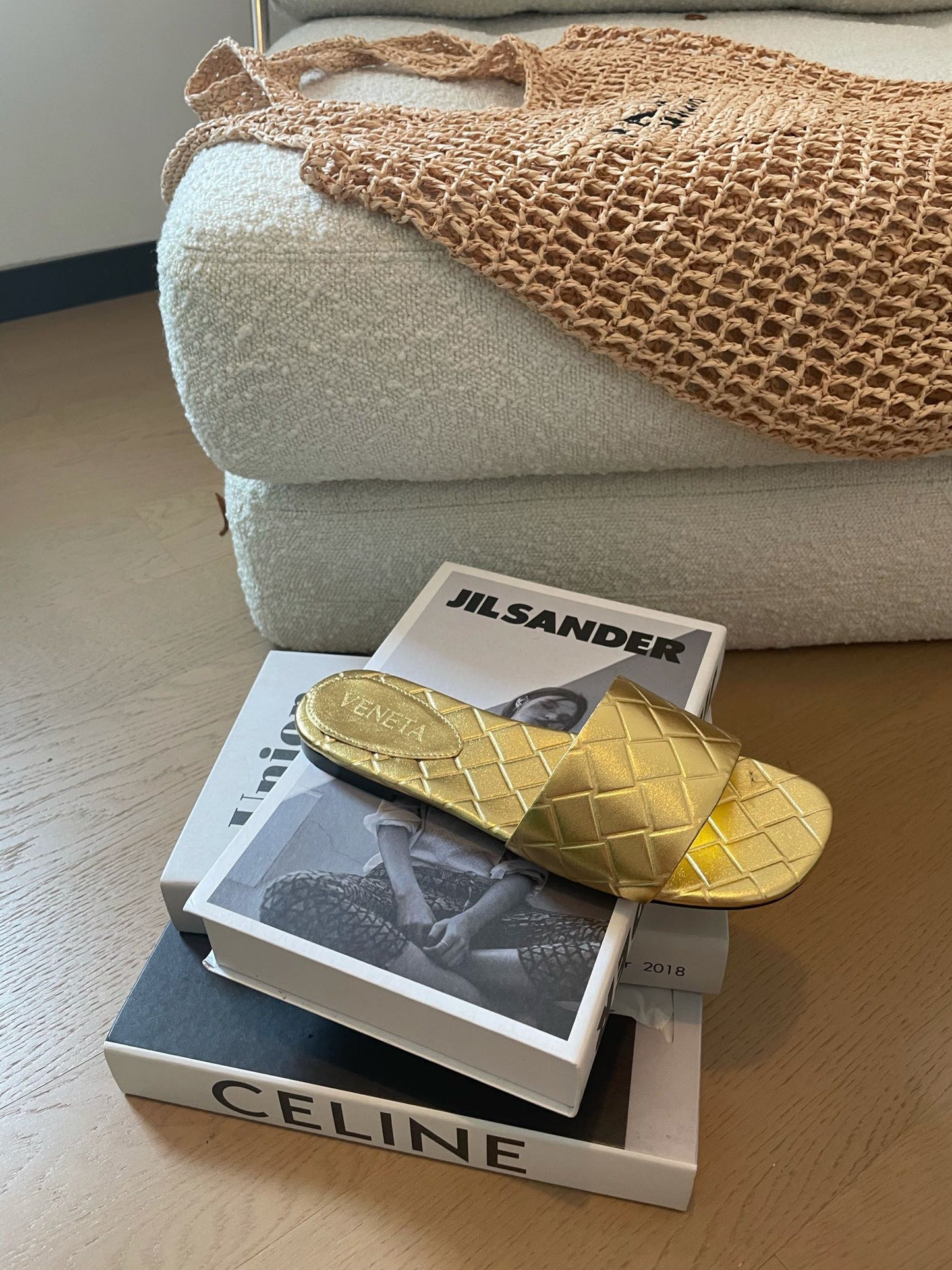 Bottega Veneta amy flat mule gold metalic lambskin