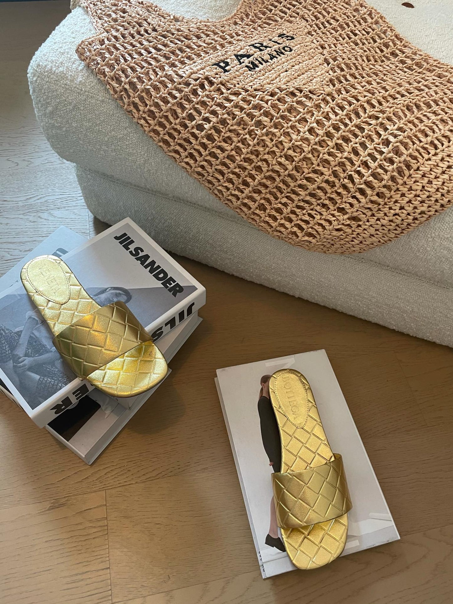 Bottega Veneta amy flat mule gold metalic lambskin