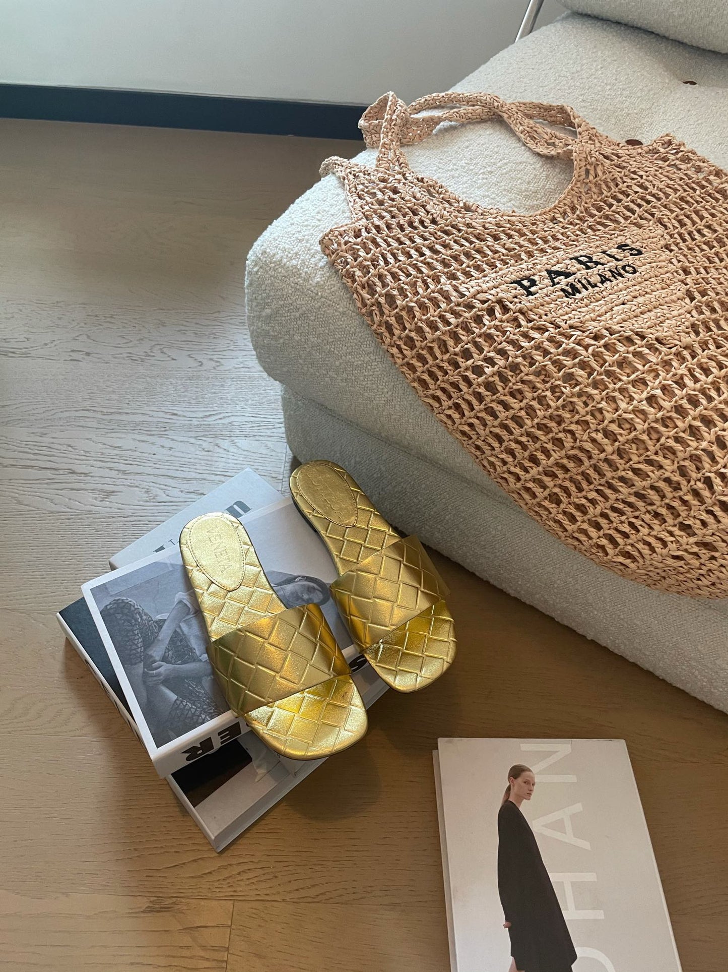 Bottega Veneta amy flat mule gold metalic lambskin