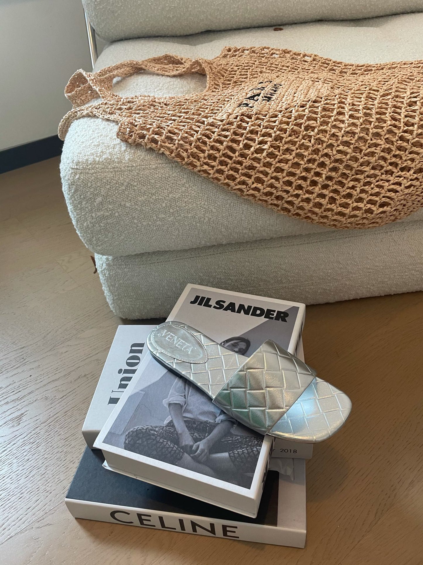 Bottega Veneta amy flat mule silver metalic lambskin