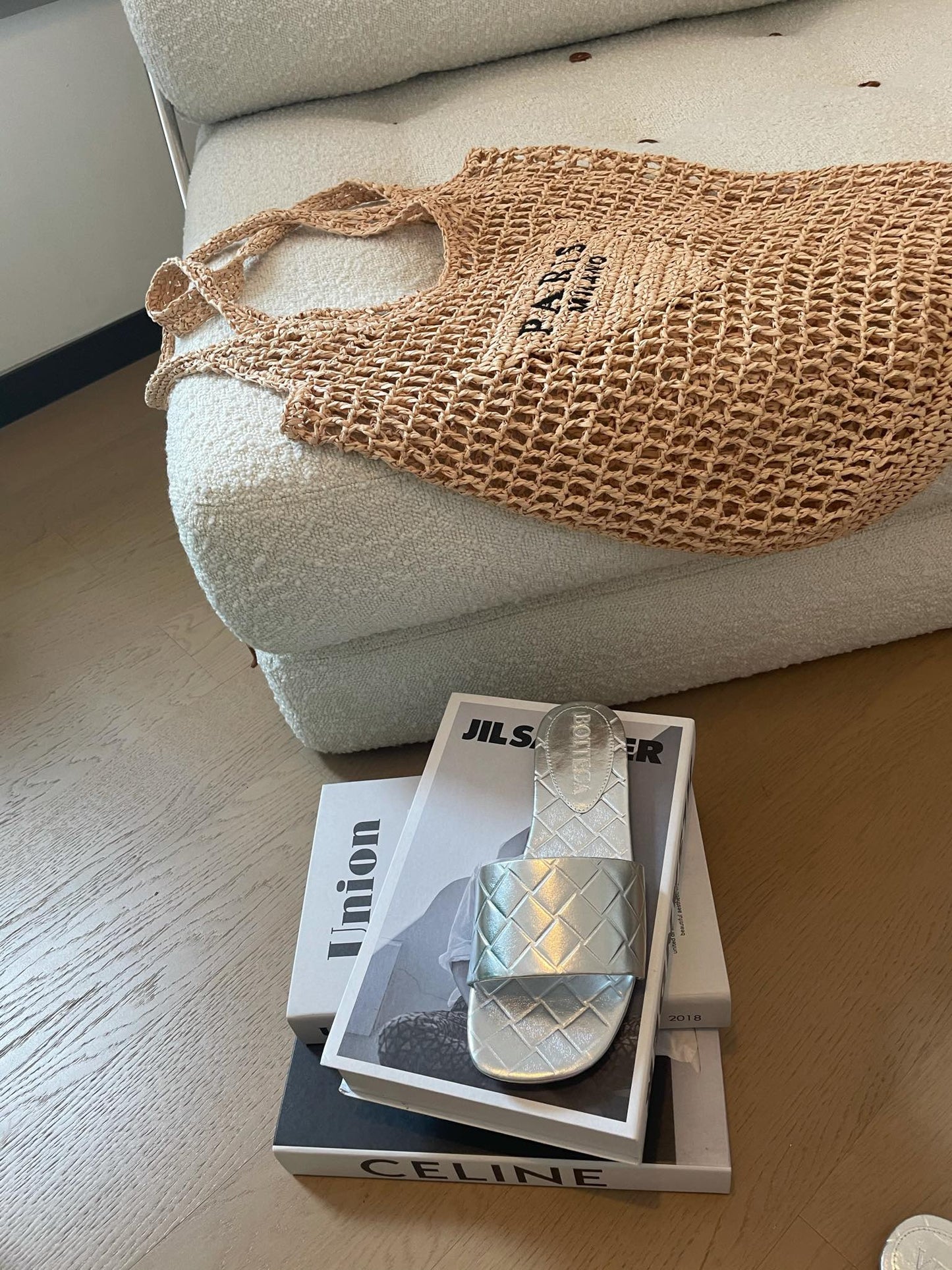 Bottega Veneta amy flat mule silver metalic lambskin