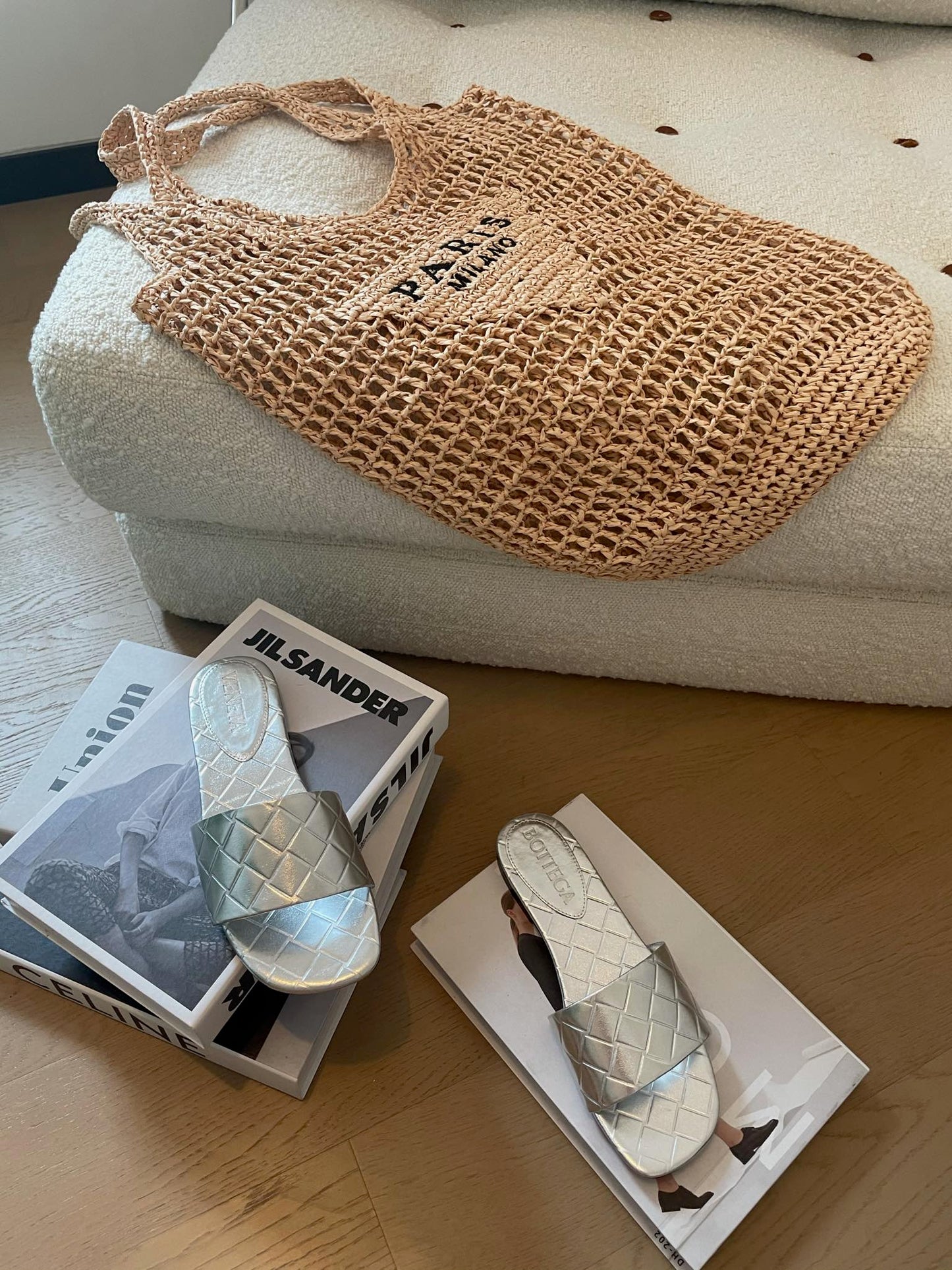 Bottega Veneta amy flat mule silver metalic lambskin