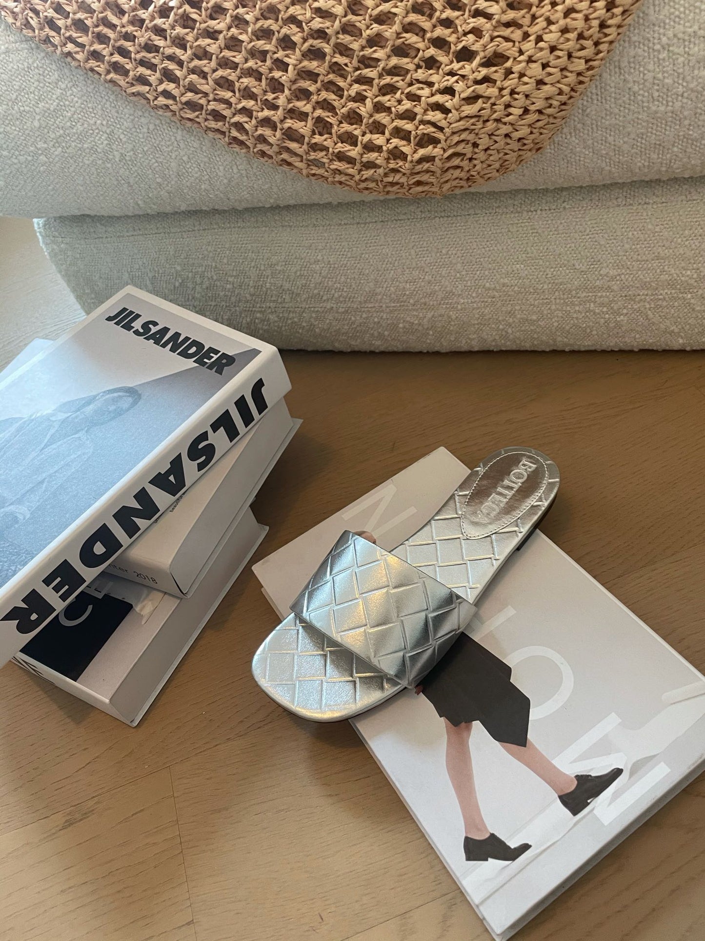 Bottega Veneta amy flat mule silver metalic lambskin