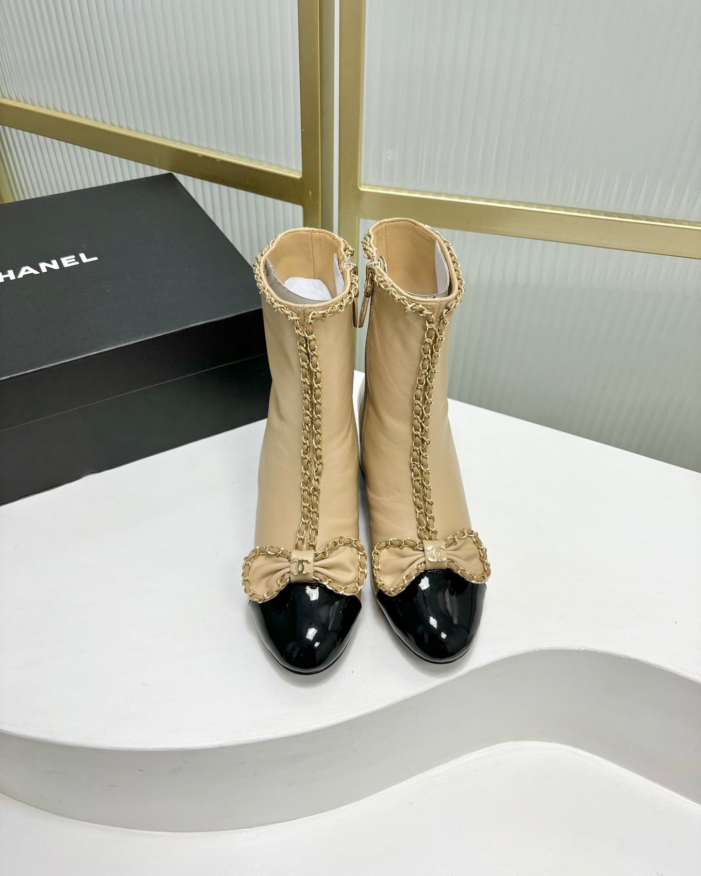 CHANEL Ankle Boot 65 Beige Calfskin Black Patent Calfksin Leather Strap