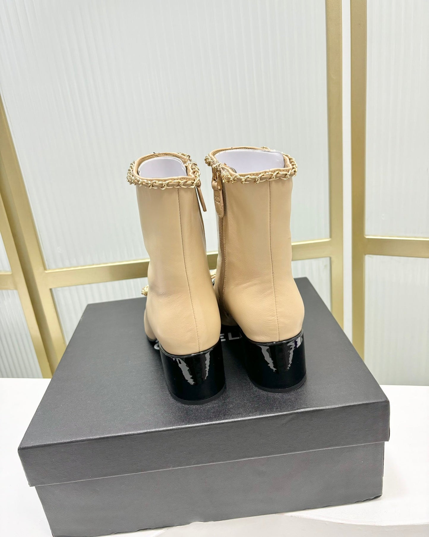 CHANEL Ankle Boot 65 Beige Calfskin Black Patent Calfksin Leather Strap