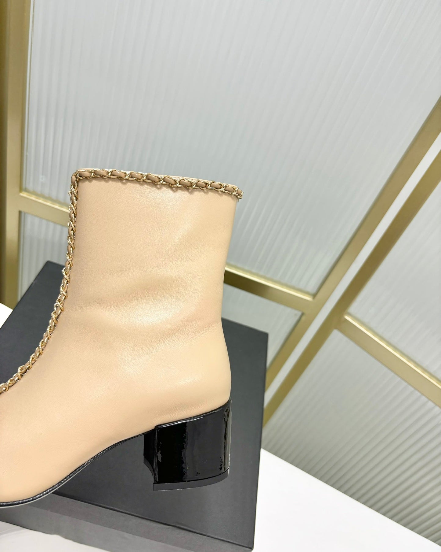 CHANEL Ankle Boot 65 Beige Calfskin Black Patent Calfksin Leather Strap