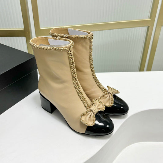 CHANEL Ankle Boot 65 Beige Calfskin Black Patent Calfksin Leather Strap