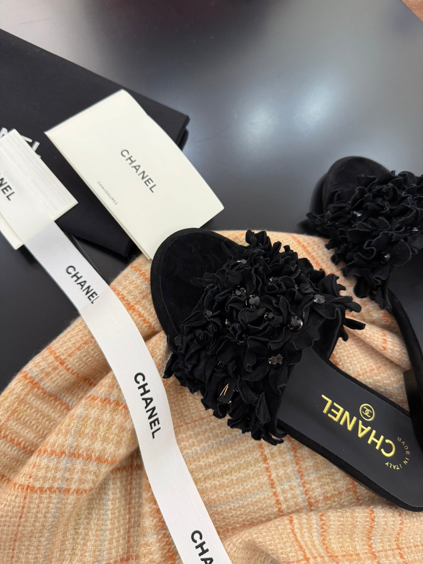 CHANEL 25C Mules Black Suede Strass