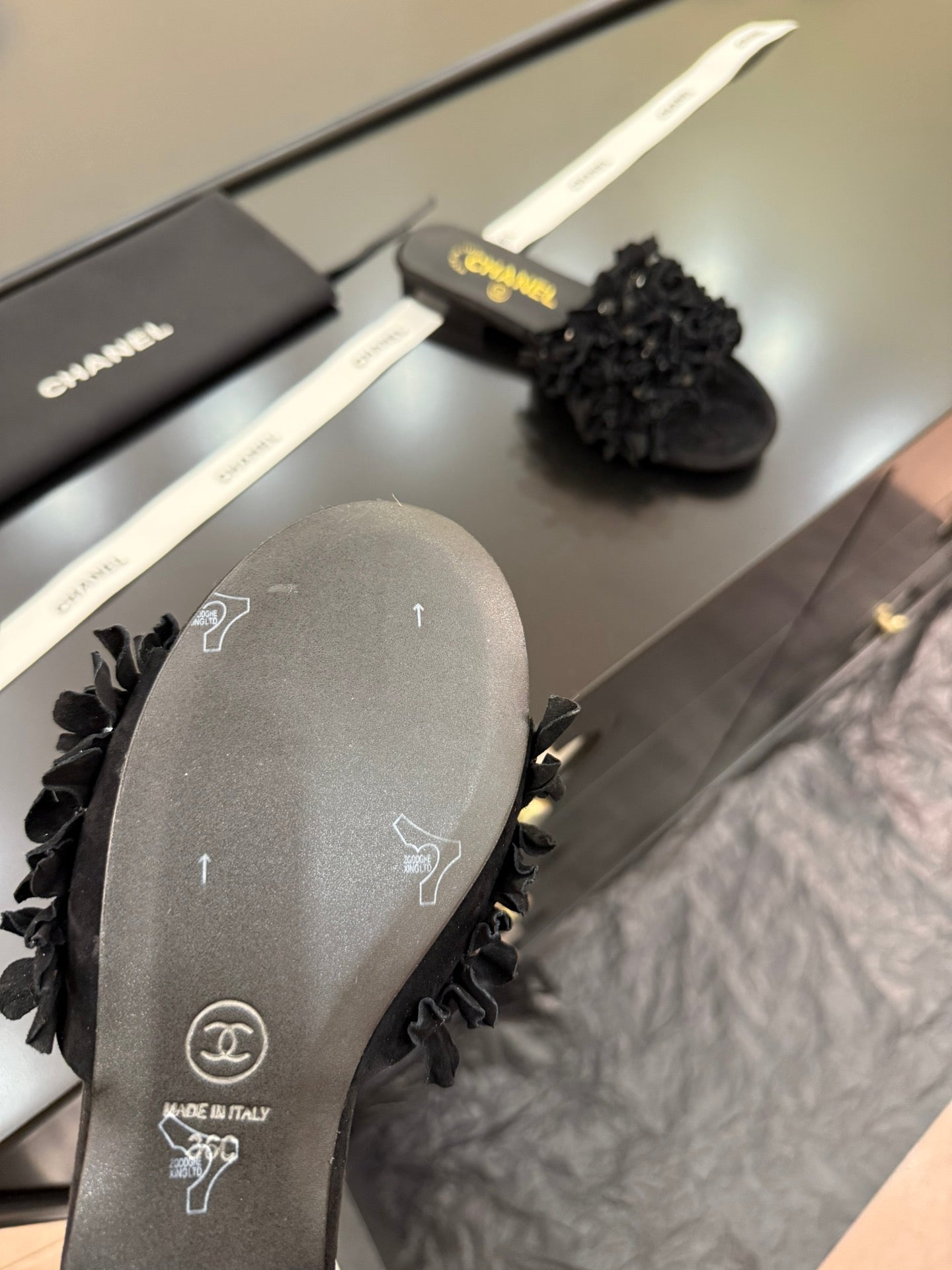 CHANEL 25C Mules Black Suede Strass