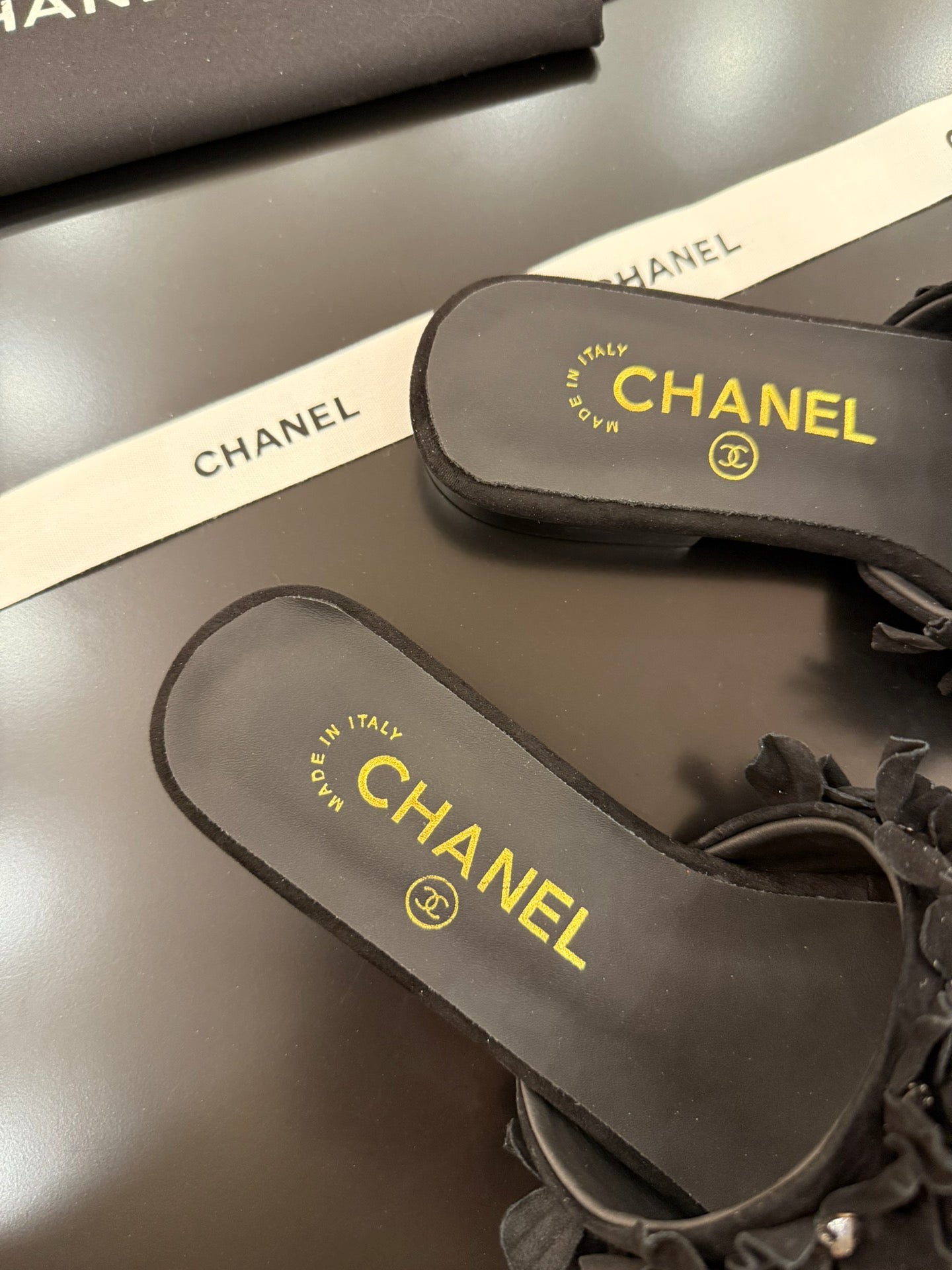 CHANEL 25C Mules Black Suede Strass