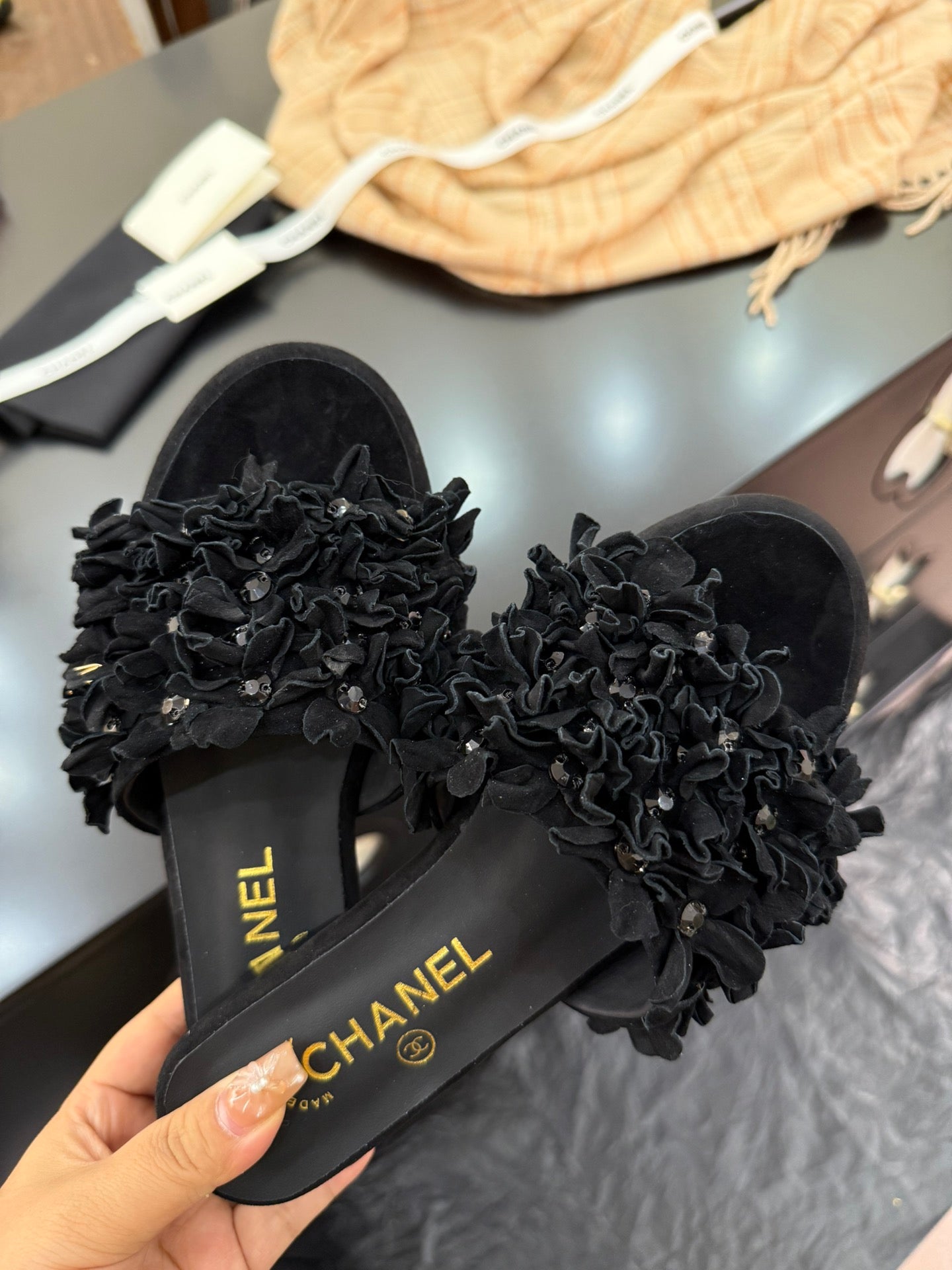 CHANEL 25C Mules Black Suede Strass