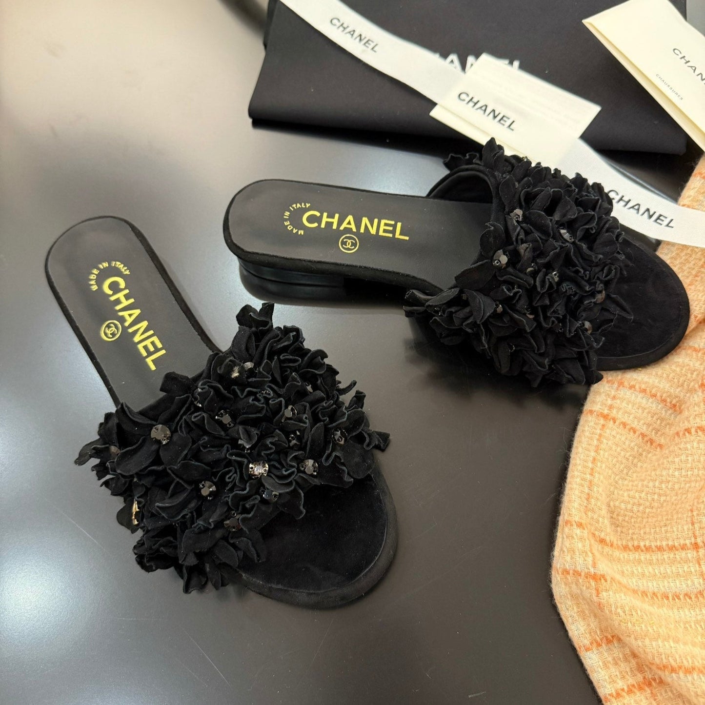 CHANEL 25C Mules Black Suede Strass