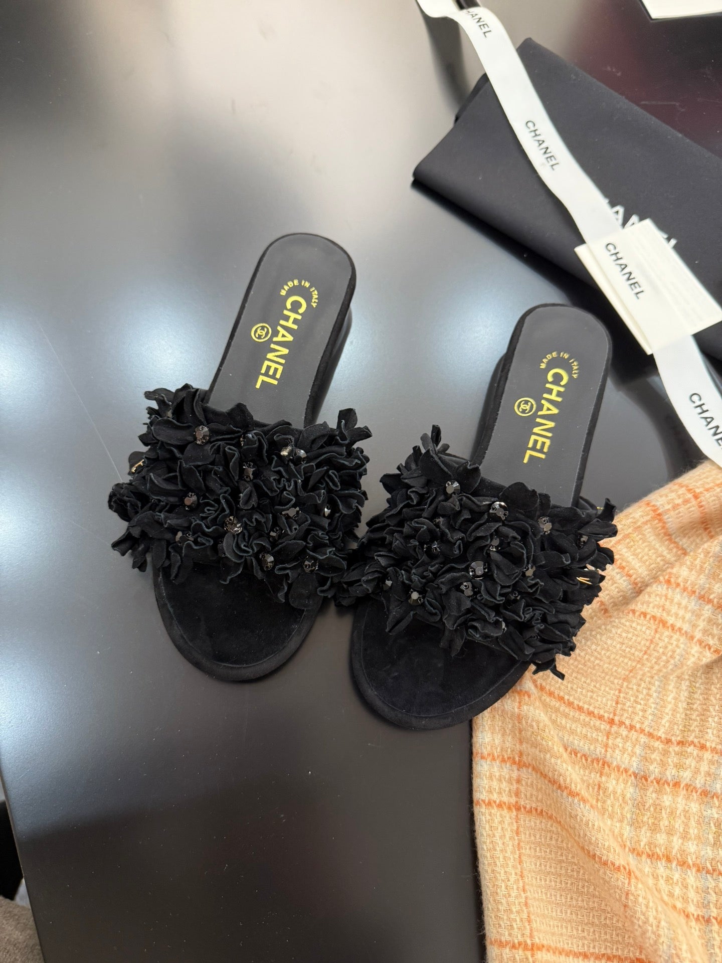 CHANEL 25C Mules Black Suede Strass