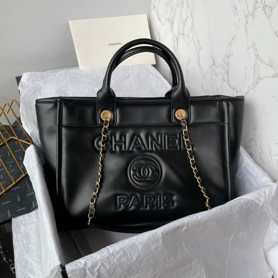 CHANEL shopping bag 34cm black calfskin gold hardware