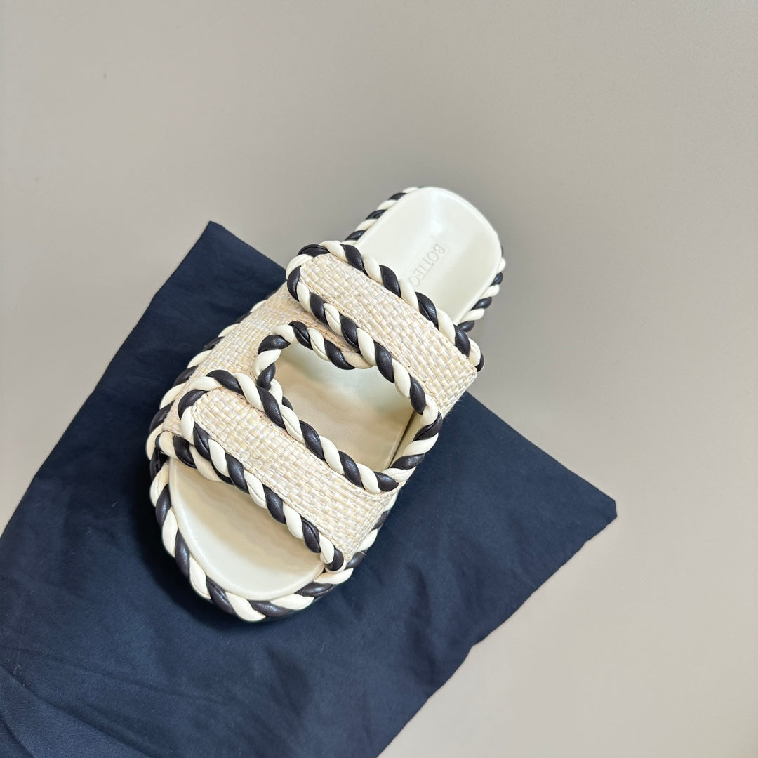 Bottega Veneta jack flat mule white black canvas lambskin