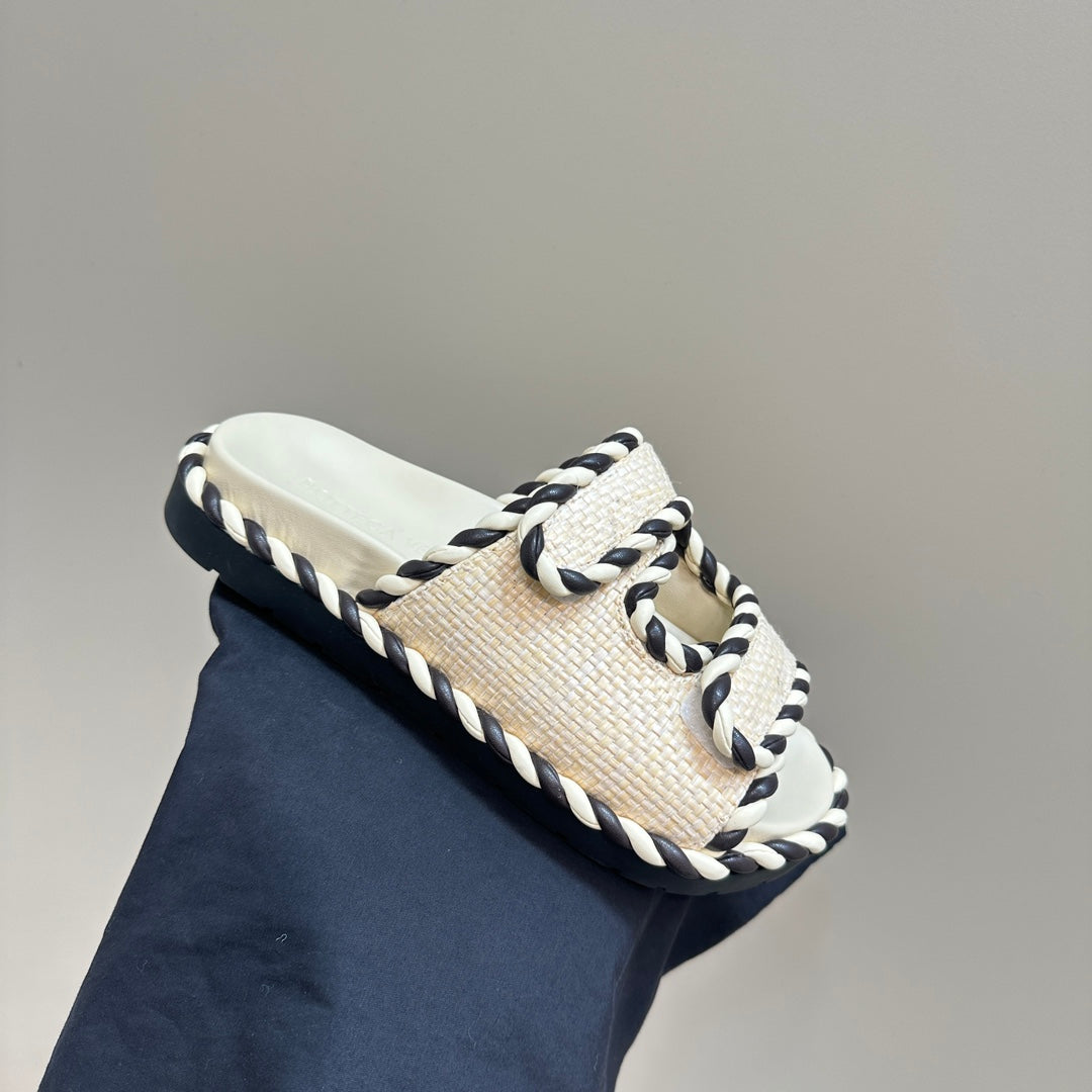 Bottega Veneta jack flat mule white black canvas lambskin