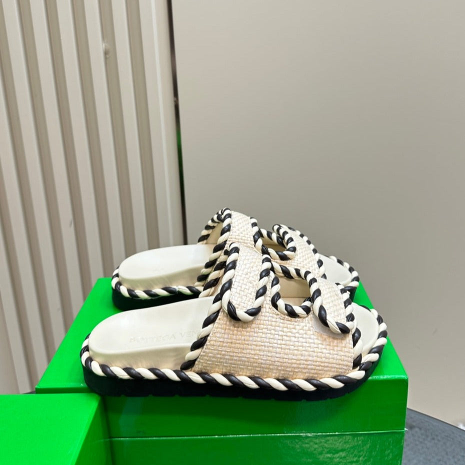 Bottega Veneta jack flat mule white black canvas lambskin