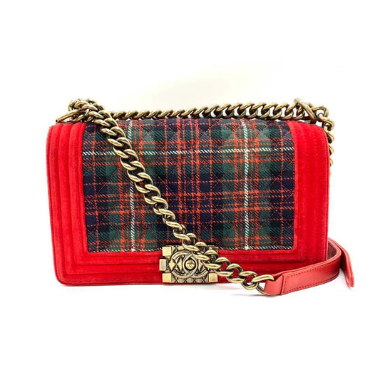 Chanel Boy Chain Shoulder Bag Velour Canvas Red Green Check in New Condition