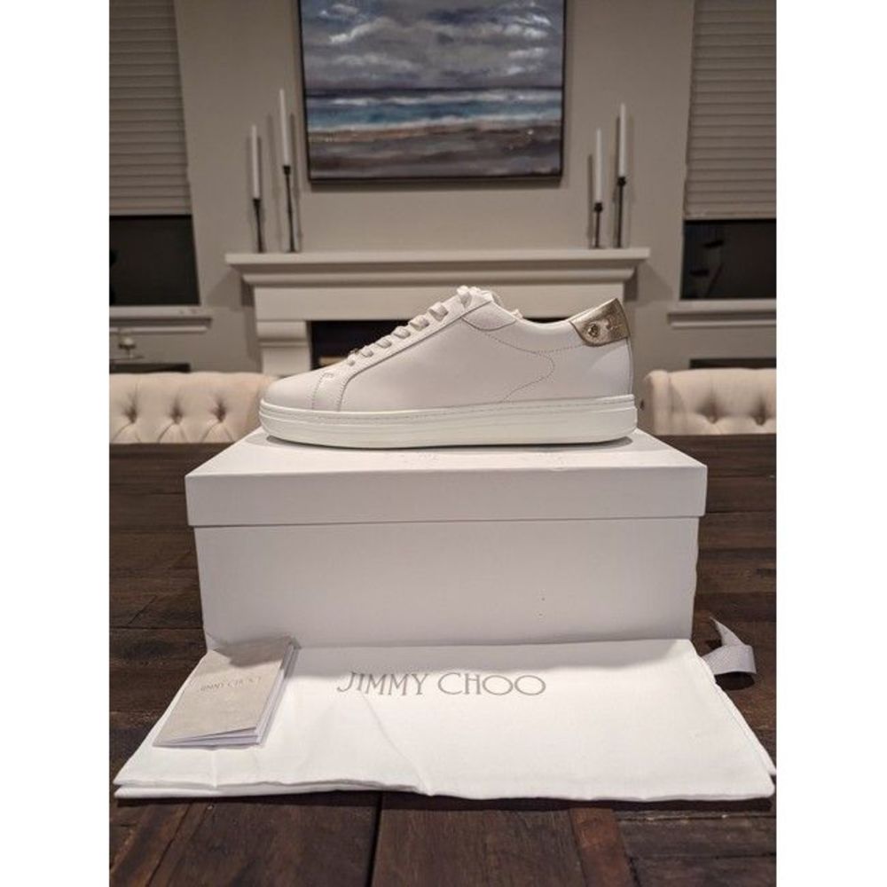 Jimmy Choo Women White Rome Metallic-Trimmed Leather Sneakers