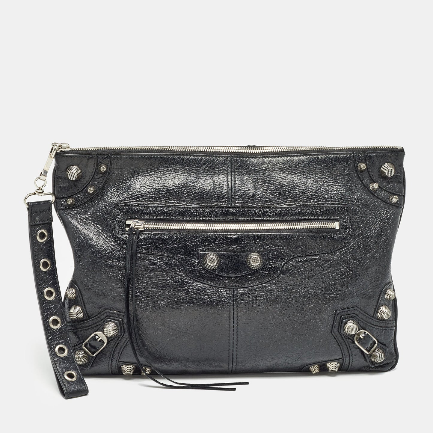 BALENCIAGA Black Leather Le Cagole Wristlet Pouch