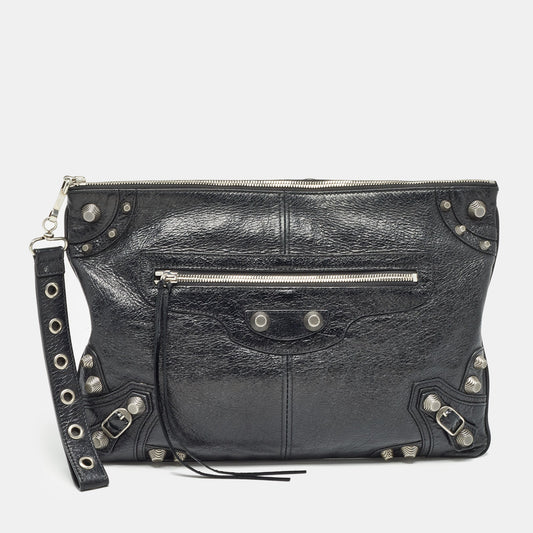 BALENCIAGA Black Leather Le Cagole Wristlet Pouch