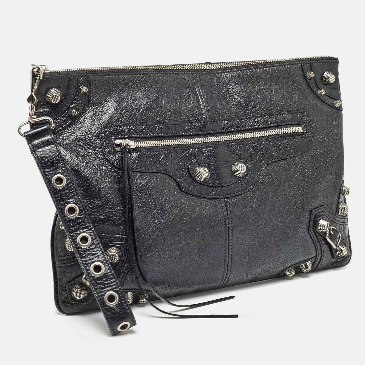 BALENCIAGA Black Leather Le Cagole Wristlet Pouch