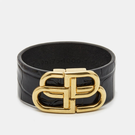 BALENCIAGA Logo Leather Gold Tone Bracelet M