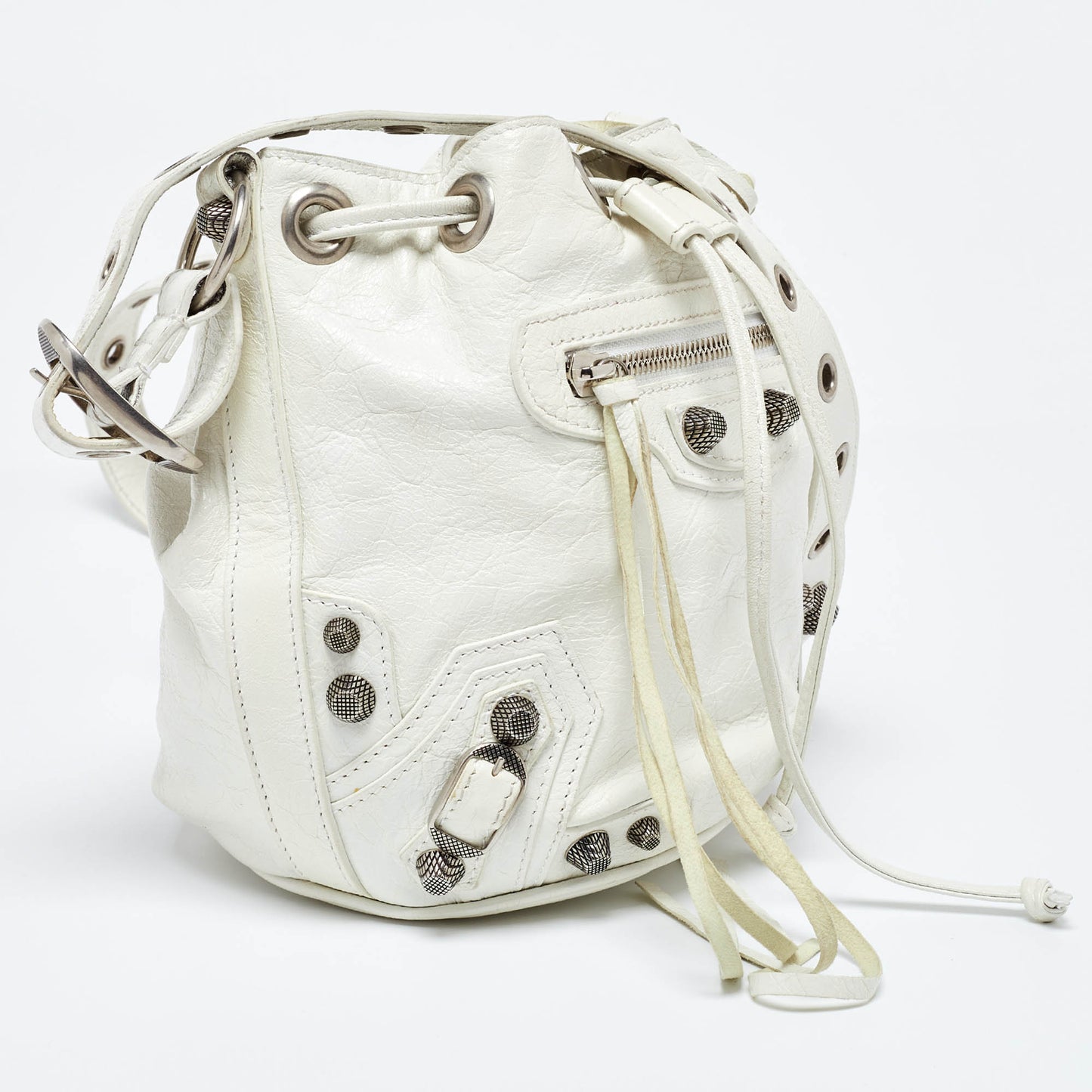 BALENCIAGA White Leather XS Le Cagole Bucket Bag