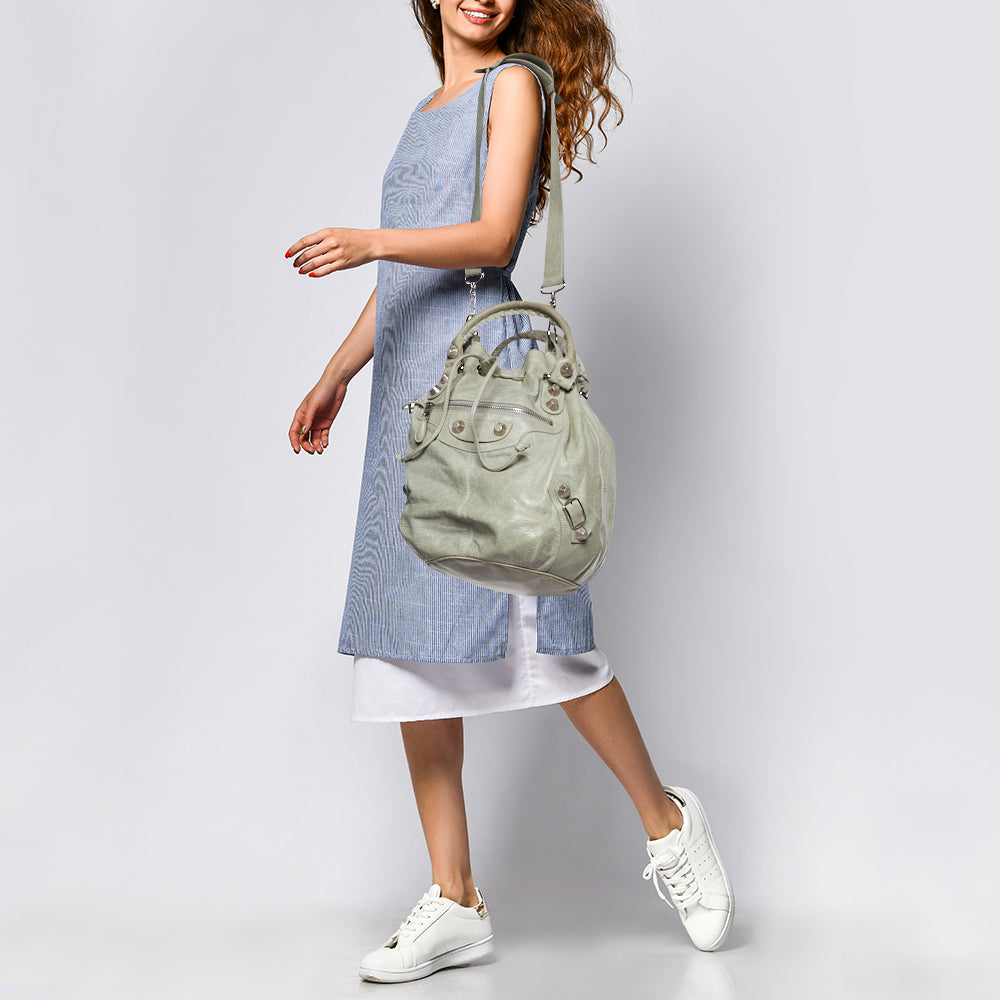 BALENCIAGA Argent Leather GSH Pompon Hobo