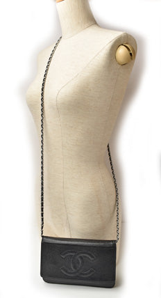 Chanel Caviar Skin Chain Wallet Shoulder Bag Black Silver Hardware