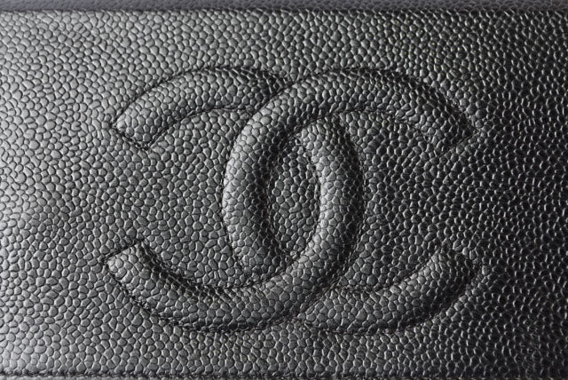 Chanel Caviar Skin Chain Wallet Shoulder Bag Black Silver Hardware