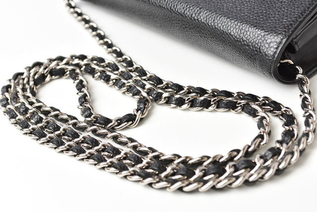 Chanel Caviar Skin Chain Wallet Shoulder Bag Black Silver Hardware