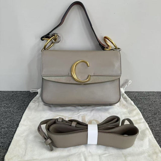 Chloe Small C Leather Shoulder Bag in Taupe