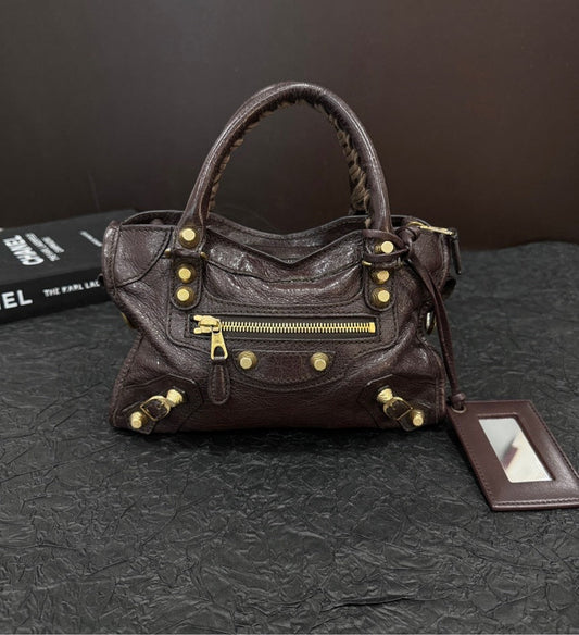 Balenciaga Brown Gold Buckle Mini Motorcycle Handheld Crossbody Bag