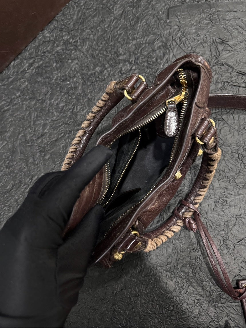 Balenciaga Brown Gold Buckle Mini Motorcycle Handheld Crossbody Bag