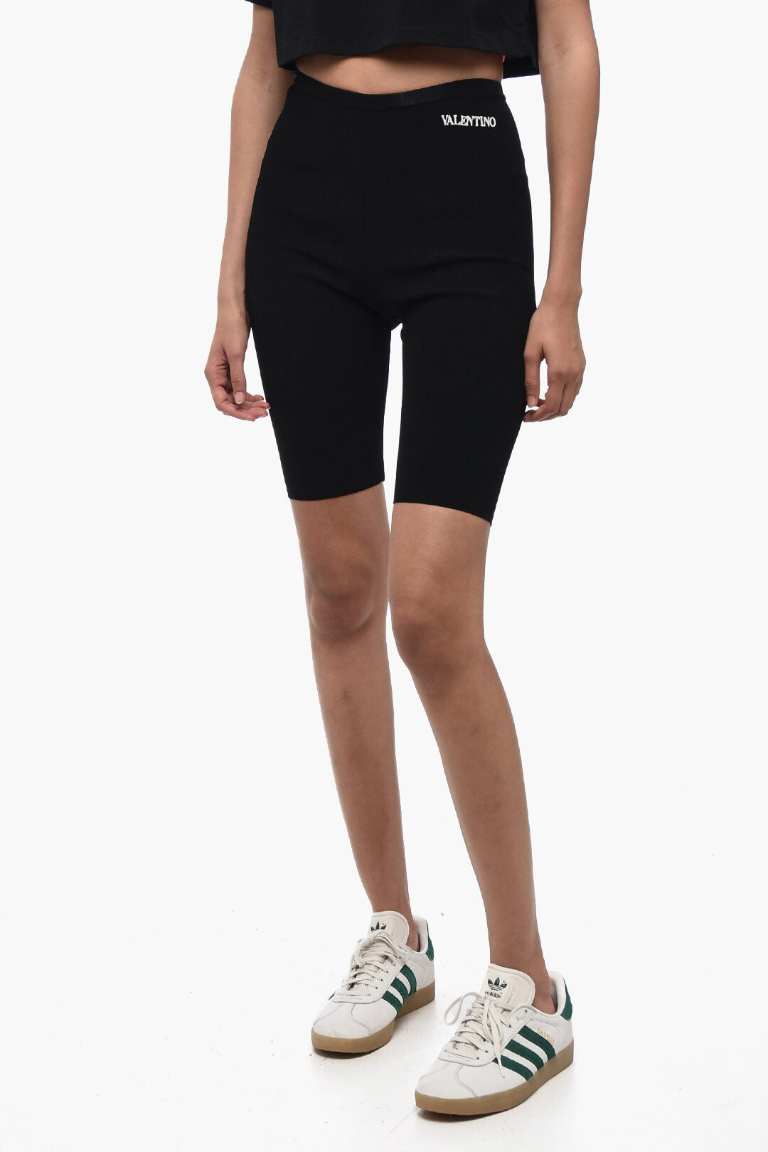 Valentino Stretch Fabric Biker Shorts with Embroidered Logo Black