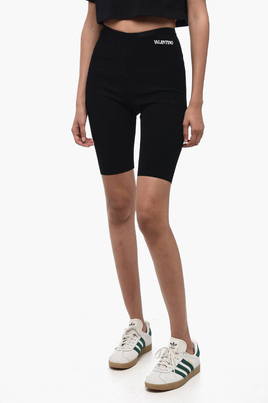 Valentino Stretch Fabric Biker Shorts with Embroidered Logo Black